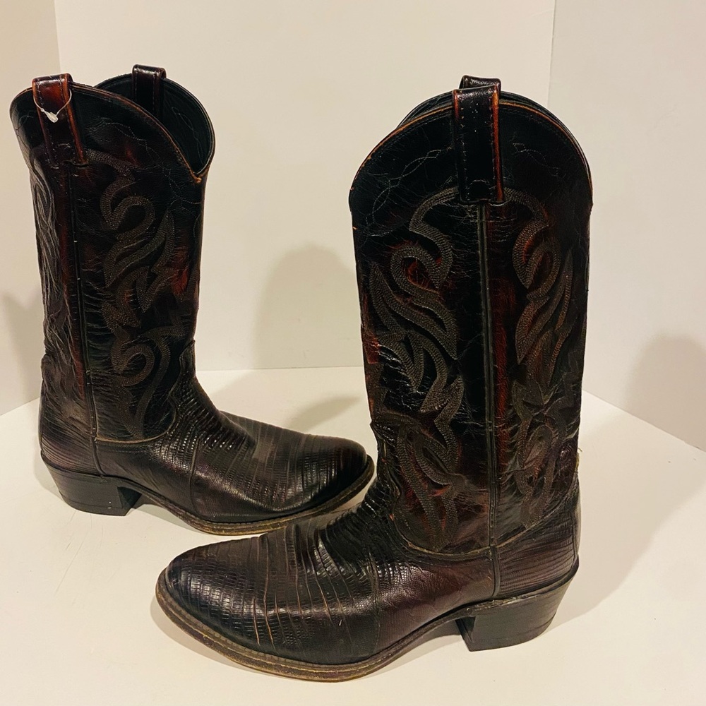 Vintage Dan Post Dark Cherry Red Lizard Cowboy Boots USA Made Size 9 D